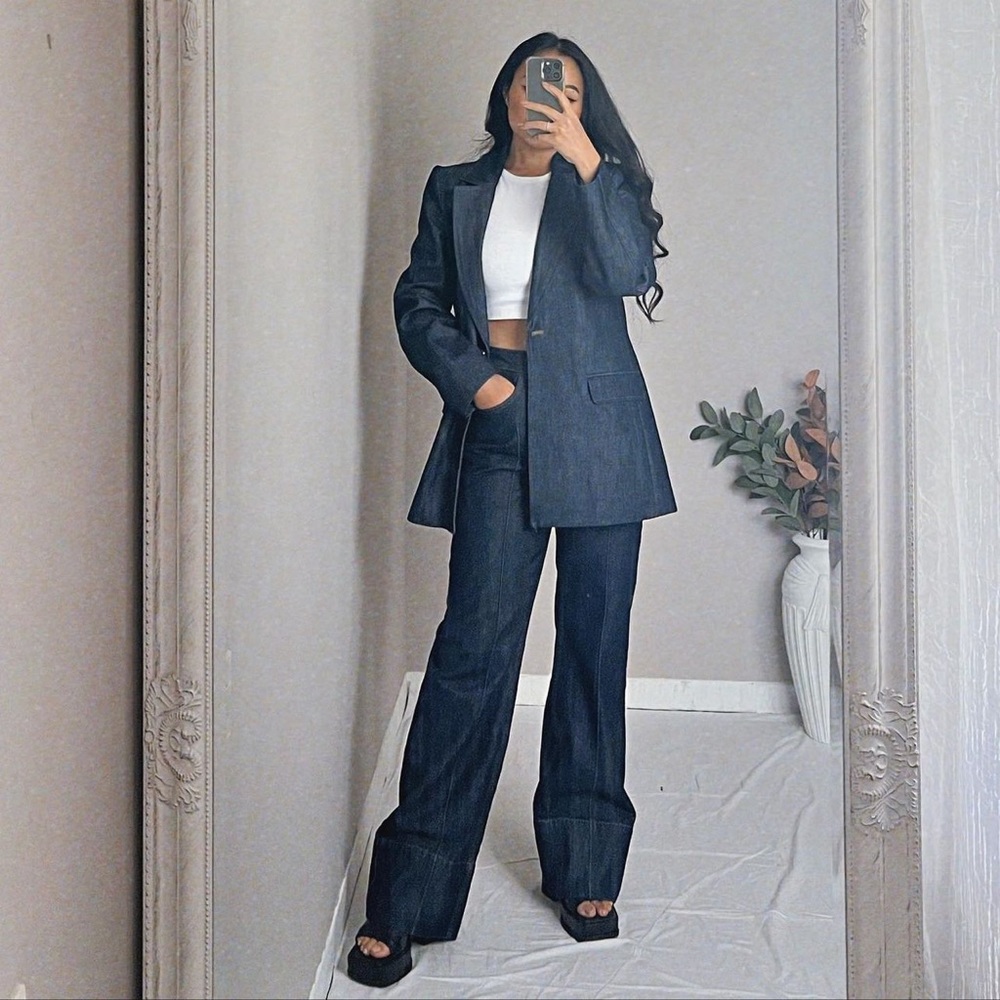 Zara Set - Golden Button Blazer Denim & High Rise Front Sean Z1975 Jeans - Picture 6 of 16